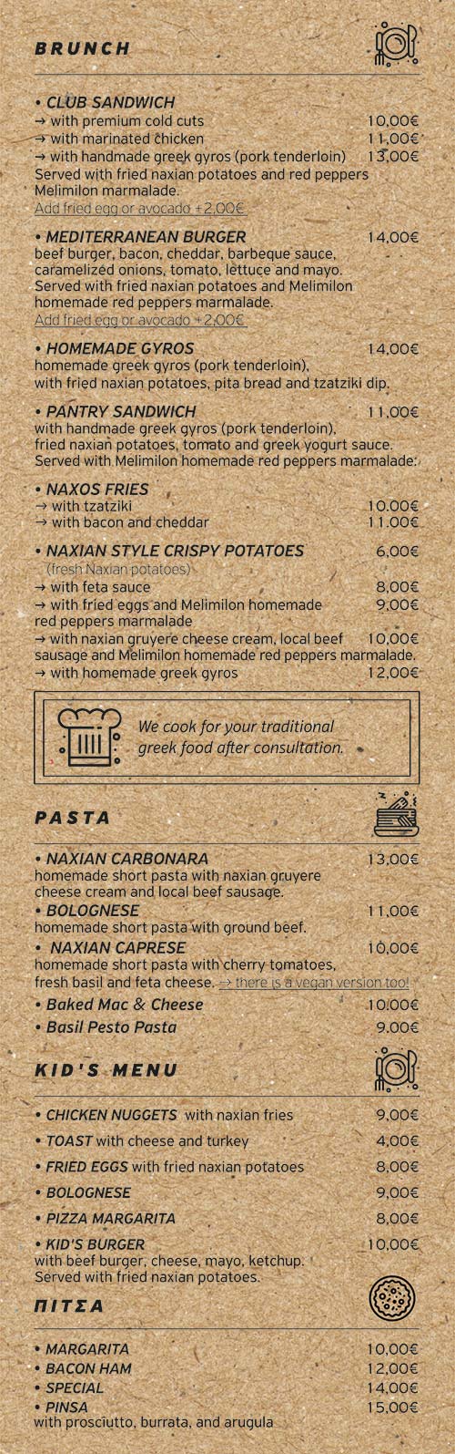 The menu of Pantry coffee and brunch spot in Naxos