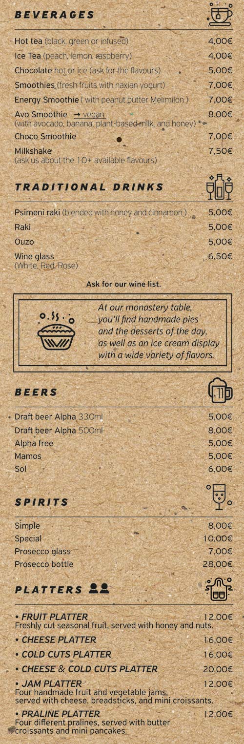 The menu of Pantry coffee and brunch spot in Naxos